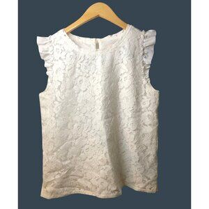 LOFT- WOMENS WHITE LACE LINED CREW NECKBACK BUTTON CLOSURE BLOUSE TOP SIZE SMALL
